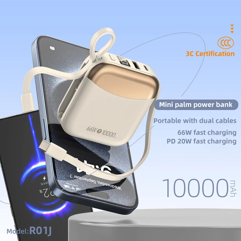 Kiki Shoot 10000mAh Mini Power Bank 66W carga rápida Powerbank batería certificada CCC con Cable para iPhone Xiaomi Huawei Samsung