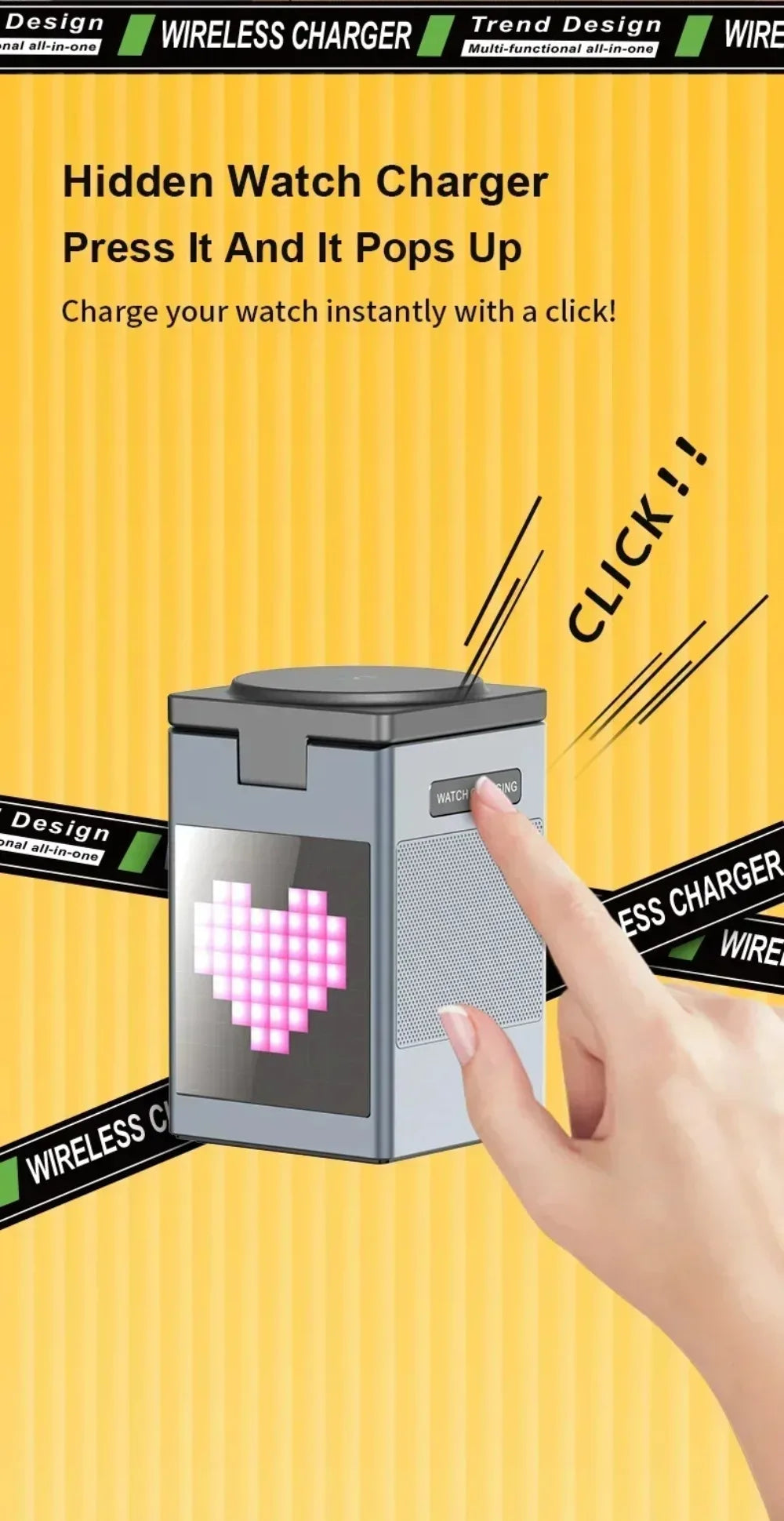 Soporte y cargador inalámbrico magnético plegable 6 en 1, altavoz Bluetooth, despertador y píxeles de dibujos animados para iPhone 17 ~ 12 iWatch Airpods Pro