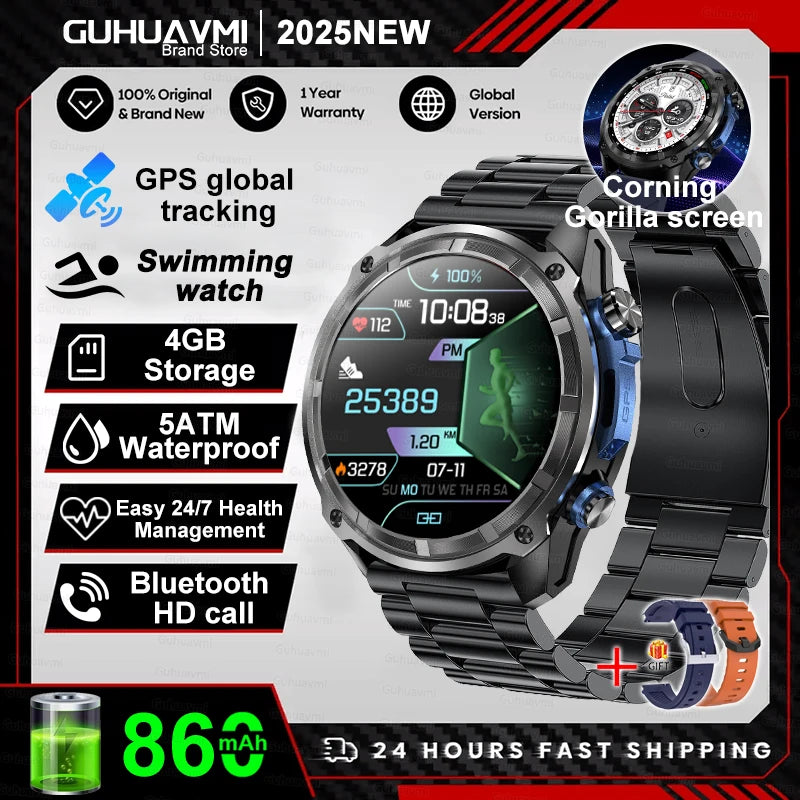 Nuevo reloj inteligente AMOLED con reproductor de vídeo con memoria de 4GB con GPS, mapas sin conexión, reloj inteligente deportivo militar para hombres, pulsera impermeable para nadar de 30m