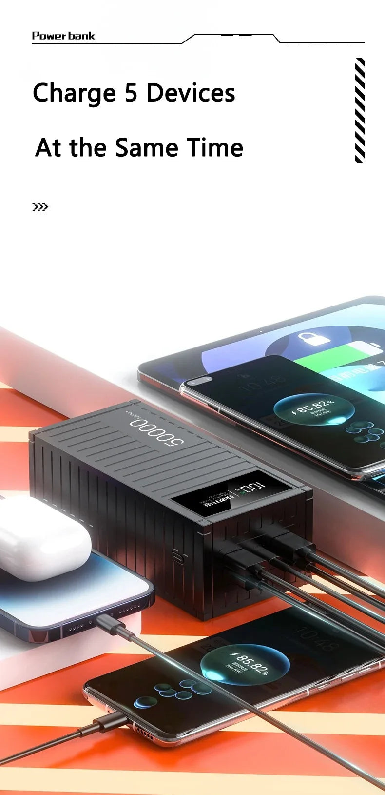 Banco de energía de carga portátil de gran capacidad de 50000mAh con 6 interfaces que soporta carga rápida de 120W adecuado para Xiaomi iPhone