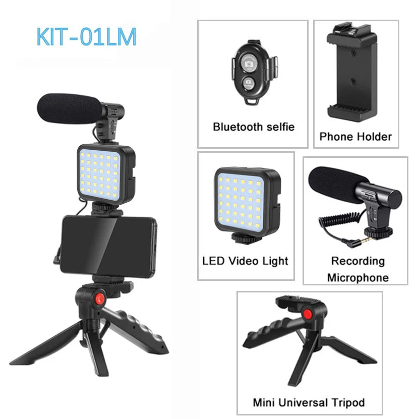 Trípode Blog para cámara DSLR, Kit de blogging para teléfono, entrevista en vivo, YouTube, soporte para teléfono, Control remoto, micrófono, luz LED-MovilExpressShop