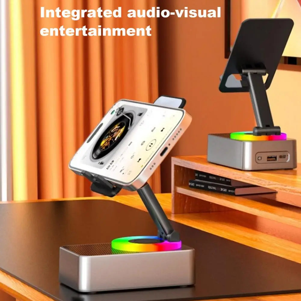 Soporte para teléfono con alimentación de Audio compatible con Bluetooth, soporte giratorio para teléfono con altavoz inalámbrico, soporte plegable ajustable para teléfono móvil-MovilExpressShop