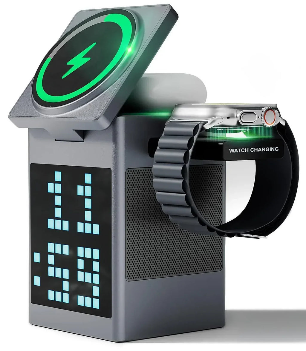 Soporte y cargador inalámbrico magnético plegable 6 en 1, altavoz Bluetooth, despertador y píxeles de dibujos animados para iPhone 17 ~ 12 iWatch Airpods Pro