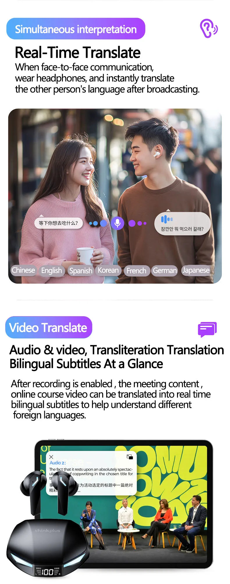 Lenovo XT53 auriculares de traducción TWS Bluetooth HD llamadas de voz auriculares con reducción de ruido para viajes de oficina auriculares con traductor AI