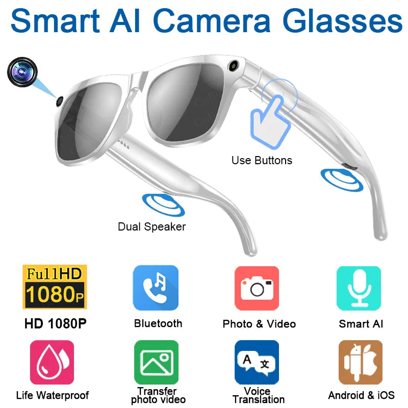 Gafas inteligentes Bluetooth, reconocimiento de objetos, traducción AI, con cámara para tomar fotos, asistente de voz, llamadas y música-MovilExpressShop