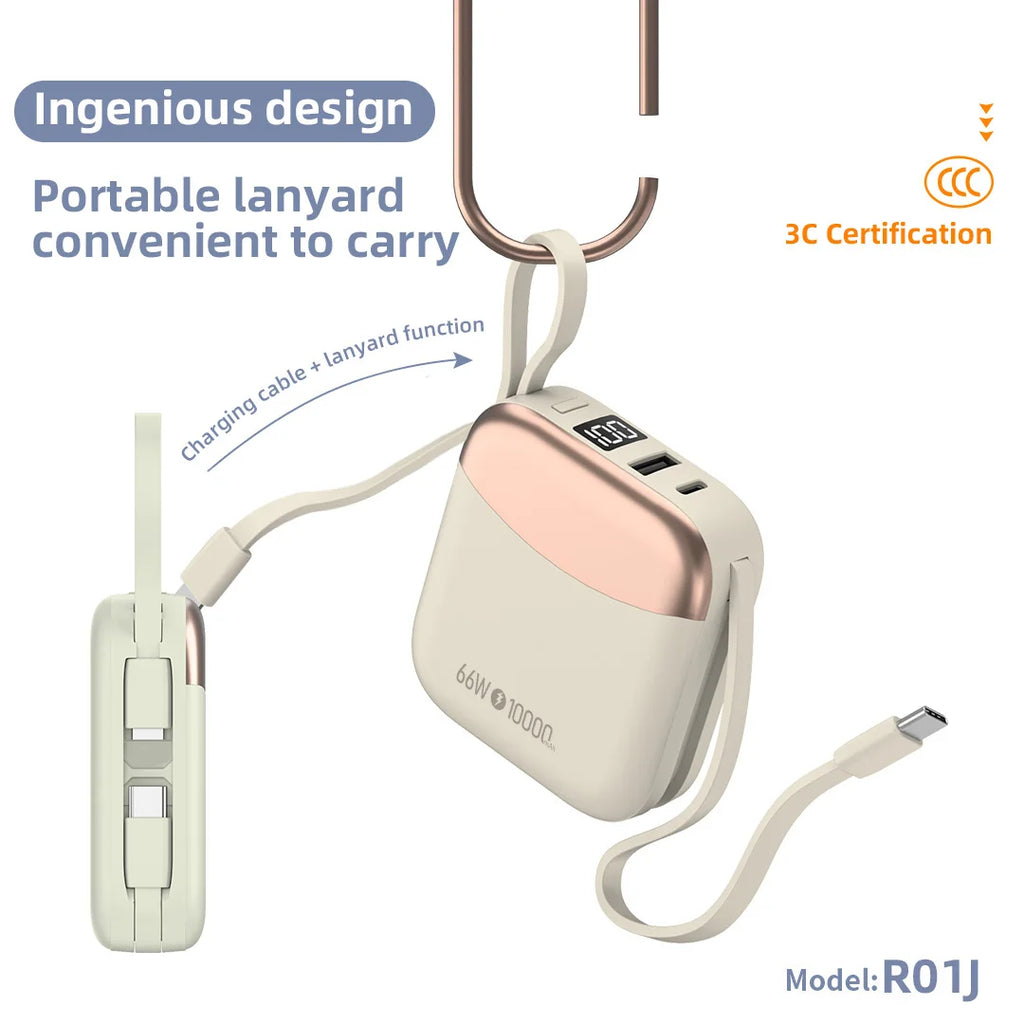 Kiki Shoot 10000mAh Mini Power Bank 66W carga rápida Powerbank batería certificada CCC con Cable para iPhone Xiaomi Huawei Samsung