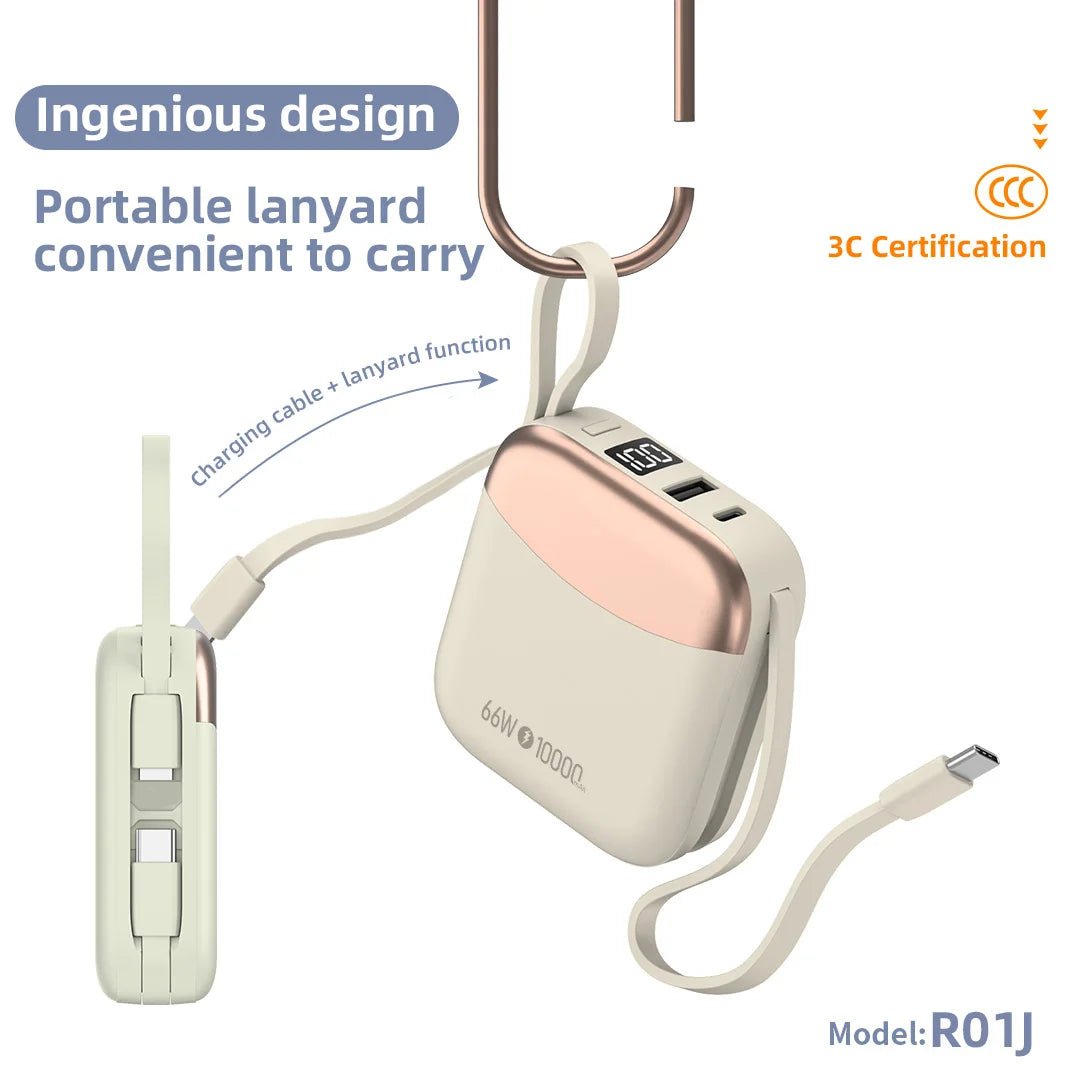 Kiki Shoot 10000mAh Mini Power Bank 66W carga rápida Powerbank batería certificada CCC con Cable para iPhone Xiaomi Huawei Samsung