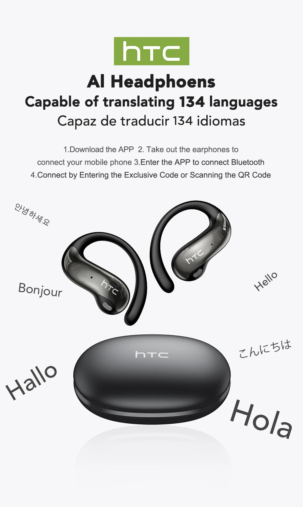 HTC NE19 auriculares Bluetooth IA OWS auriculares inalámbricos deportivos con micrófono potentes graves IA traductor auriculares impermeables de larga duración-MovilExpressShop