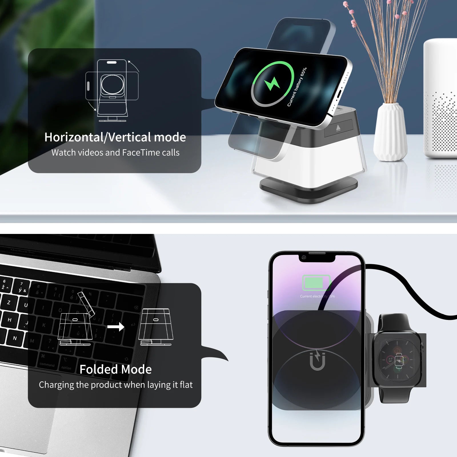 Soporte y estación de carga inalámbrica 3 en 1, adaptador de carga rápida de 15w, cargador de mesa magnético con luces coloridas para iPhone 16 15 14 Pro Max