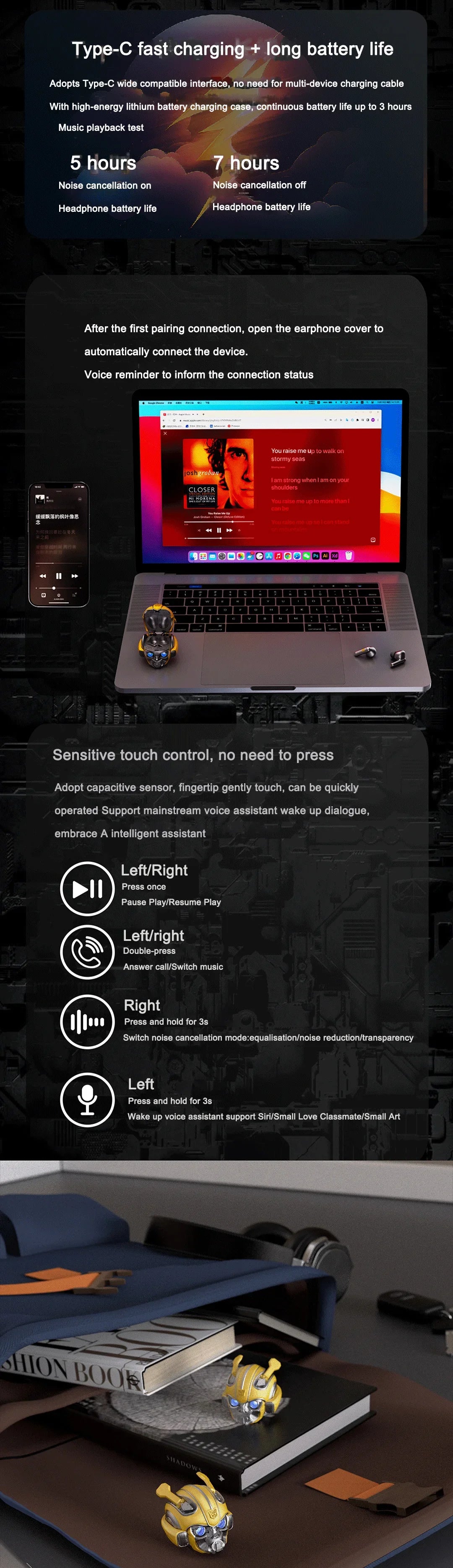 Transformers Auriculares Bumblebee H1 Auriculares con cancelación de ruido Auriculares Bluetooth Auriculares de aleación de alta calidad Juguetes de descompresión-MovilExpressShop