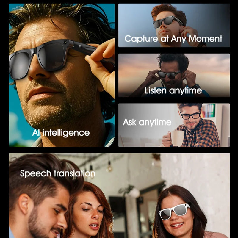 Gafas inteligentes Bluetooth, reconocimiento de objetos, traducción AI, con cámara para tomar fotos, asistente de voz, llamadas y música-MovilExpressShop