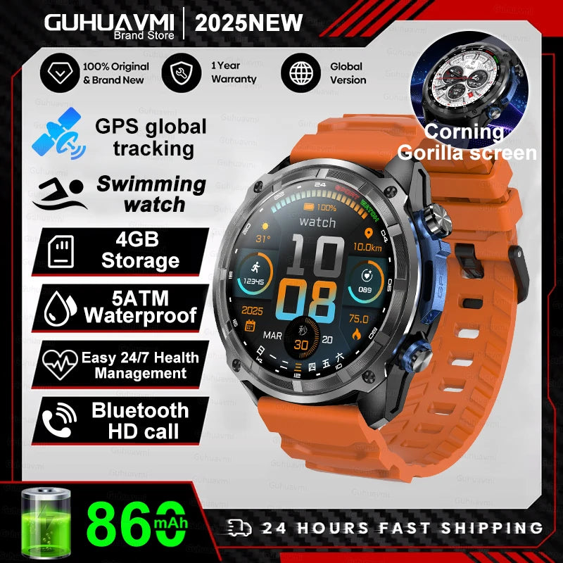 Nuevo reloj inteligente AMOLED con reproductor de vídeo con memoria de 4GB con GPS, mapas sin conexión, reloj inteligente deportivo militar para hombres, pulsera impermeable para nadar de 30m