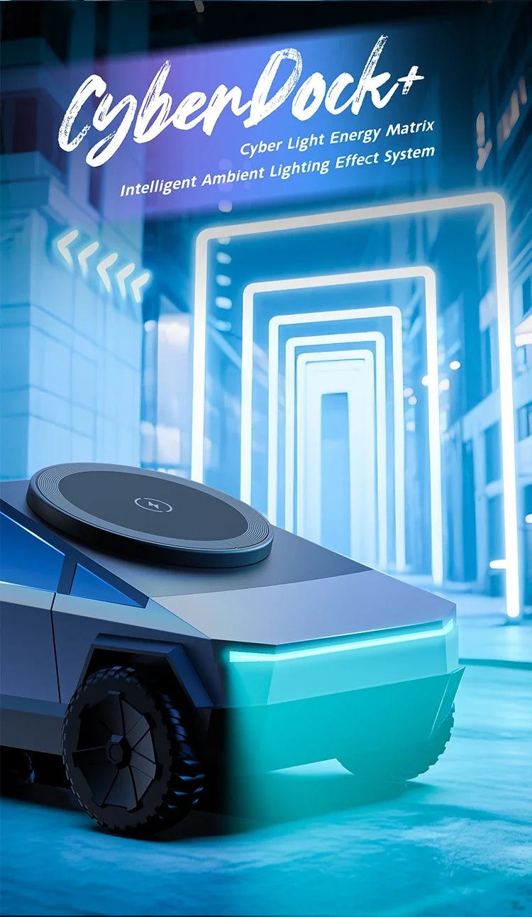 Base de escritorio CyberDock 3 en 1 con carga inalámbrica para iPhone 16, 15, 14 Pro Max, AirPods y Apple Watch, con luz ambiental.