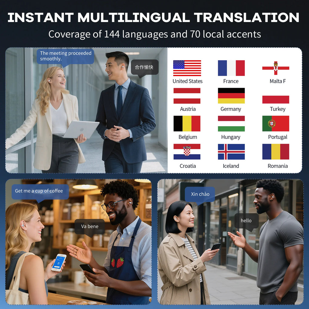 Auriculares con traducción AI en tiempo Real, auriculares con traductor de 144 idiomas, Bluetooth inalámbrico de oreja abierta 40H, auriculares con traducción