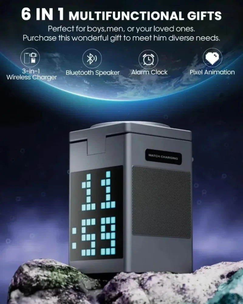 Soporte y cargador inalámbrico magnético plegable 6 en 1, altavoz Bluetooth, despertador y píxeles de dibujos animados para iPhone 17 ~ 12 iWatch Airpods Pro