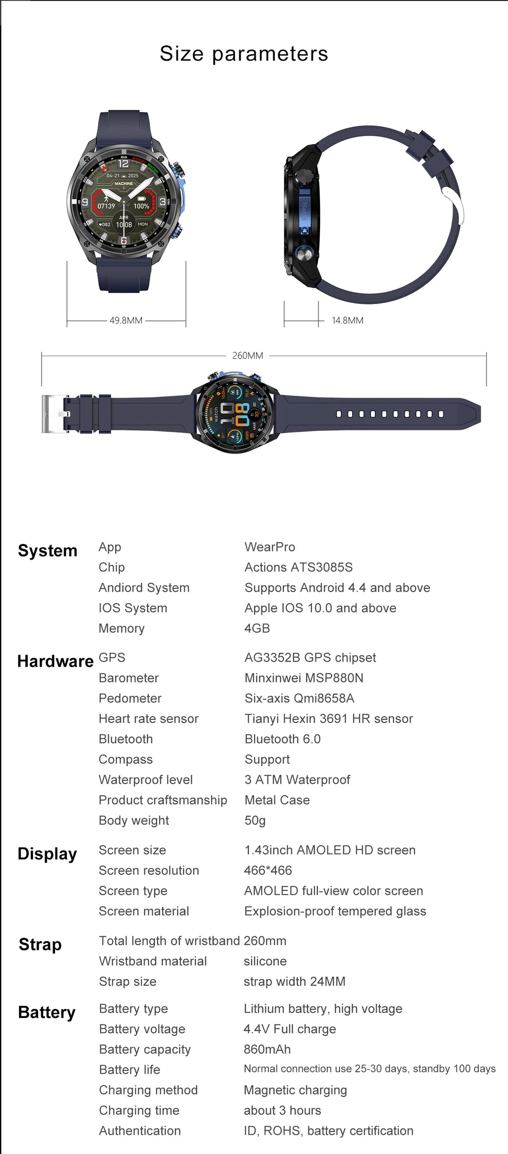 Nuevo reloj inteligente AMOLED con reproductor de vídeo con memoria de 4GB con GPS, mapas sin conexión, reloj inteligente deportivo militar para hombres, pulsera impermeable para nadar de 30m