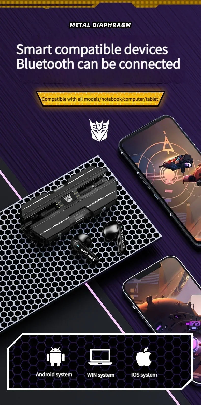 Transformers TF-T01 auriculares inalámbricos Bluetooth 5,3 sonido HIFI Bumblebee auriculares para juegos auriculares de baja latencia Larga modo de reposo-MovilExpressShop