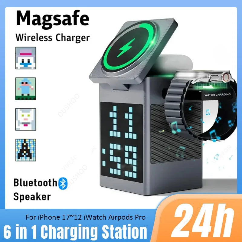 Soporte y cargador inalámbrico magnético plegable 6 en 1, altavoz Bluetooth, despertador y píxeles de dibujos animados para iPhone 17 ~ 12 iWatch Airpods Pro
