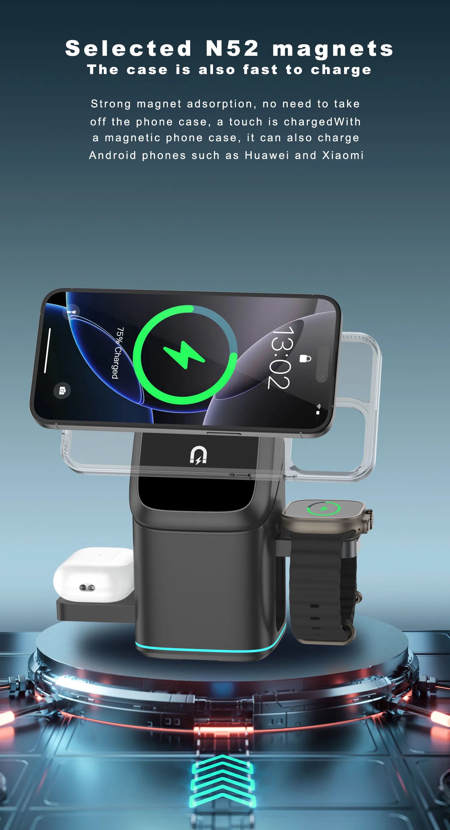 Soporte cargador inalámbrico magnético 3 en 1, cargador rápido, carga rápida inteligente para Samsung iPhone 12-16 HUAWEI iWatch AirPods