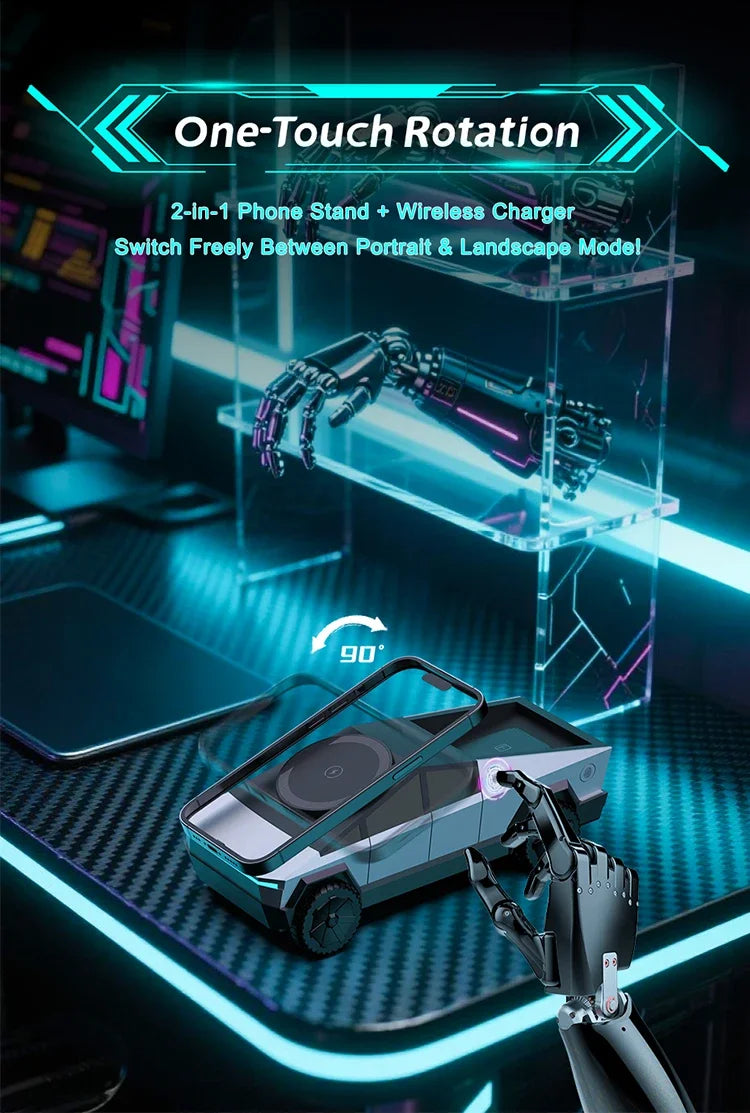 Base de escritorio CyberDock 3 en 1 con carga inalámbrica para iPhone 16, 15, 14 Pro Max, AirPods y Apple Watch, con luz ambiental.