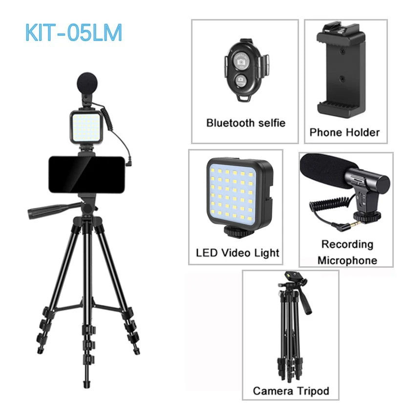 Trípode Blog para cámara DSLR, Kit de blogging para teléfono, entrevista en vivo, YouTube, soporte para teléfono, Control remoto, micrófono, luz LED-MovilExpressShop