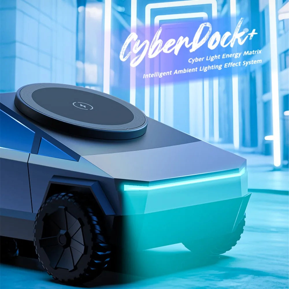 Base de escritorio CyberDock 3 en 1 con carga inalámbrica para iPhone 16, 15, 14 Pro Max, AirPods y Apple Watch, con luz ambiental.