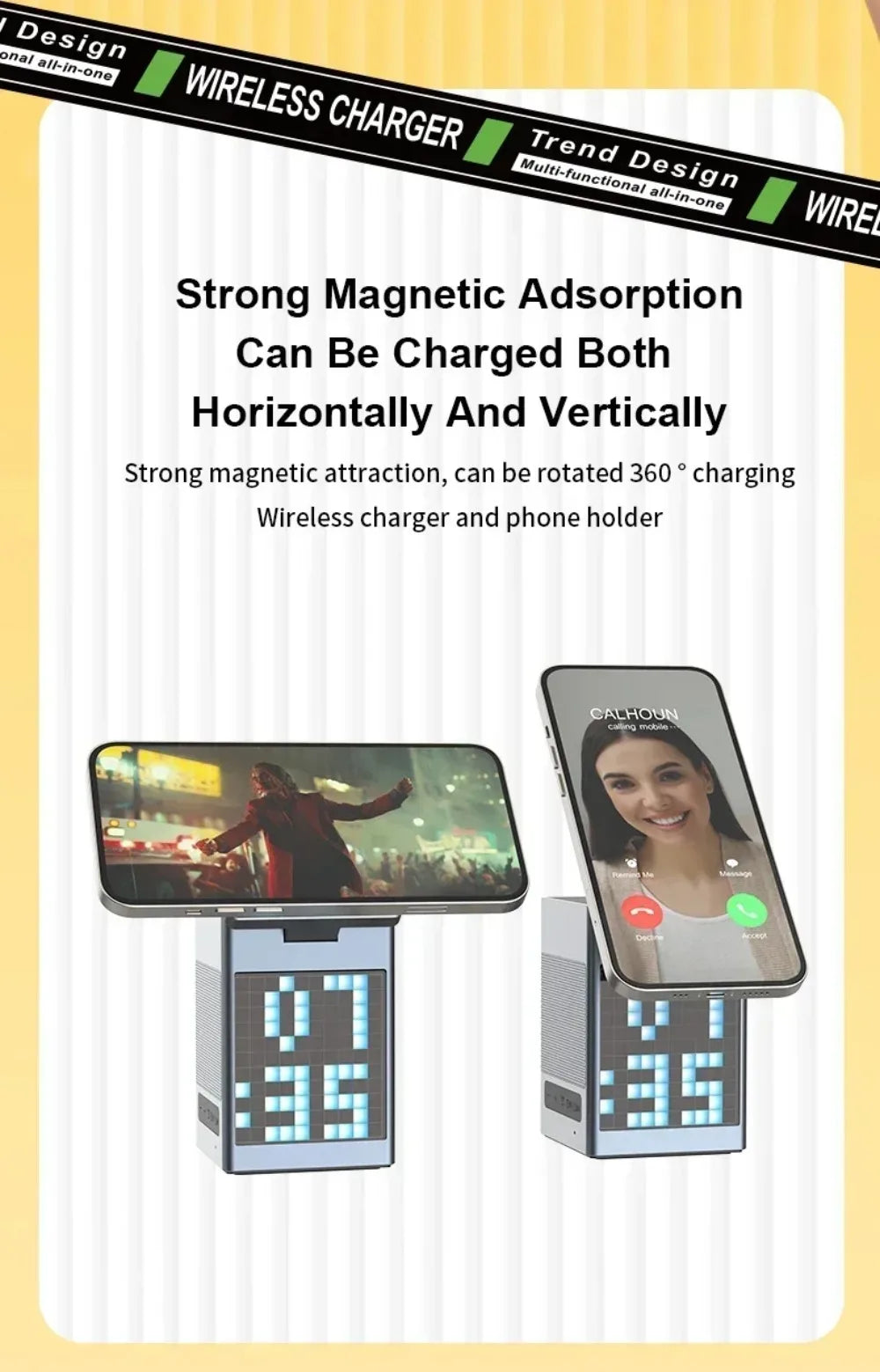 Soporte y cargador inalámbrico magnético plegable 6 en 1, altavoz Bluetooth, despertador y píxeles de dibujos animados para iPhone 17 ~ 12 iWatch Airpods Pro