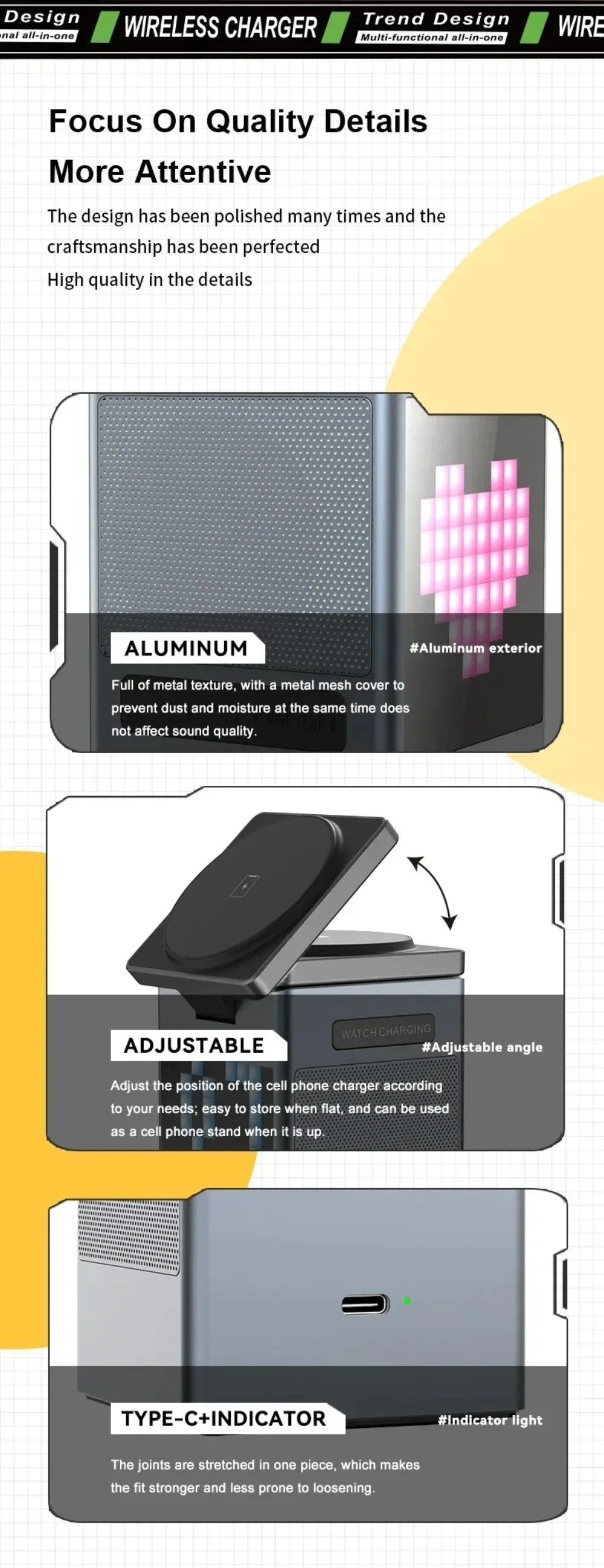 Soporte y cargador inalámbrico magnético plegable 6 en 1, altavoz Bluetooth, despertador y píxeles de dibujos animados para iPhone 17 ~ 12 iWatch Airpods Pro