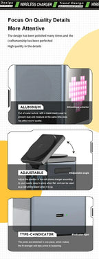 Soporte y cargador inalámbrico magnético plegable 6 en 1, altavoz Bluetooth, despertador y píxeles de dibujos animados para iPhone 17 ~ 12 iWatch Airpods Pro