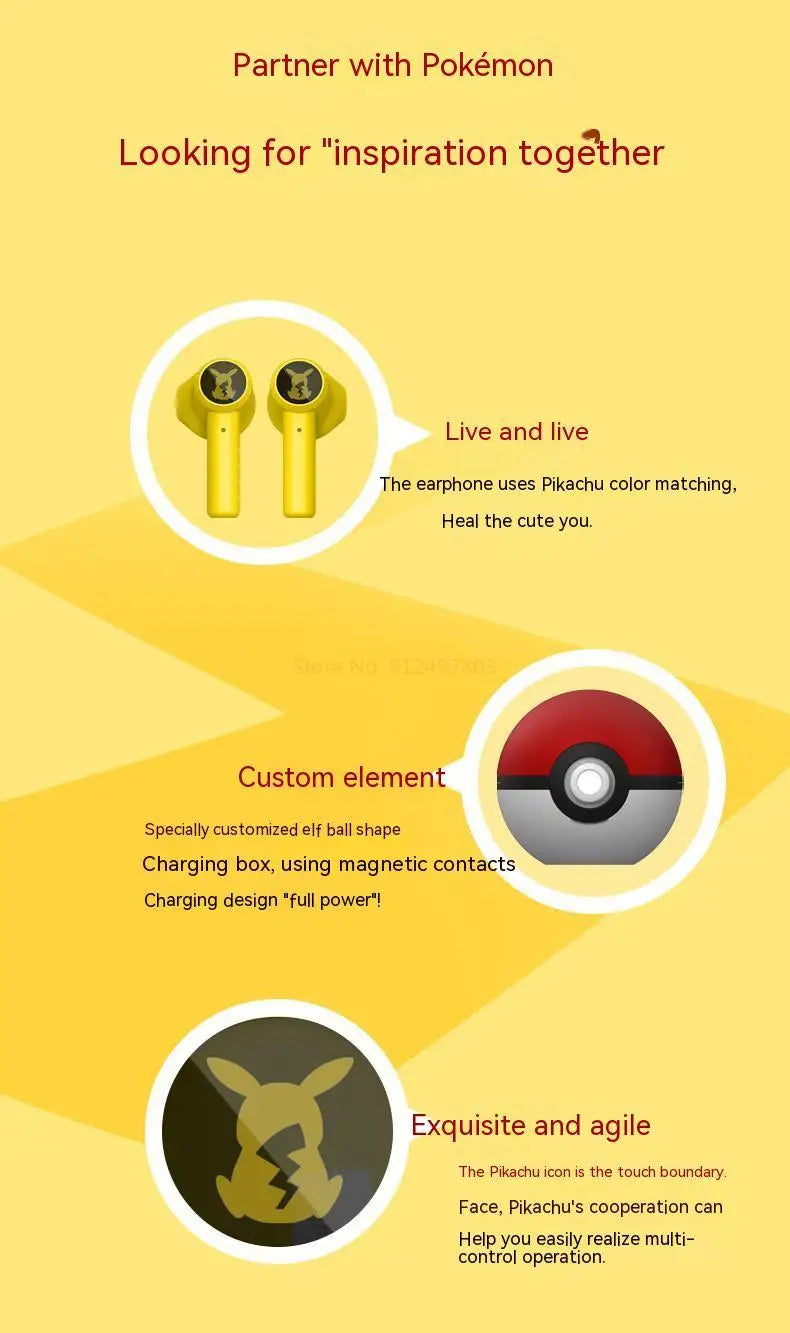 Pokemon Pikachu auriculares inalámbricos Bluetooth 5,0 auriculares Control táctil micrófono regalos universales deporte reducción de ruido-MovilExpressShop