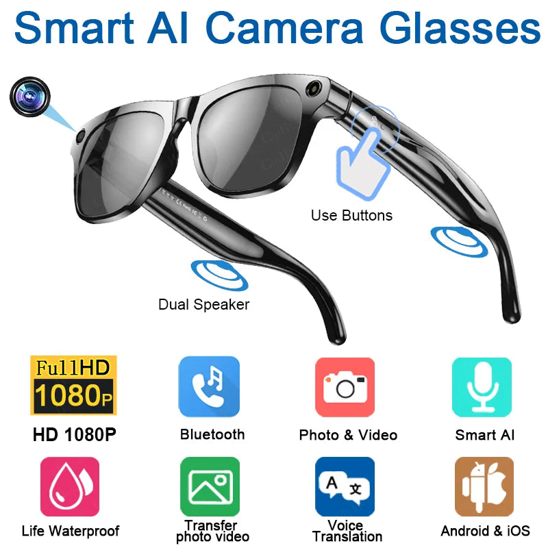 Gafas inteligentes Bluetooth, reconocimiento de objetos, traducción AI, con cámara para tomar fotos, asistente de voz, llamadas y música-MovilExpressShop