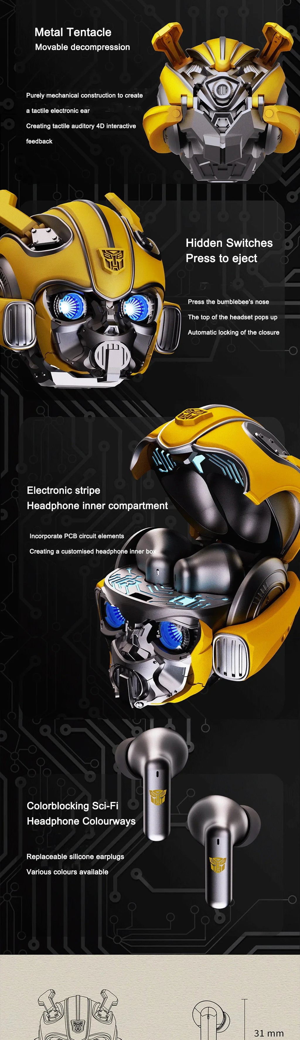Transformers Auriculares Bumblebee H1 Auriculares con cancelación de ruido Auriculares Bluetooth Auriculares de aleación de alta calidad Juguetes de descompresión-MovilExpressShop