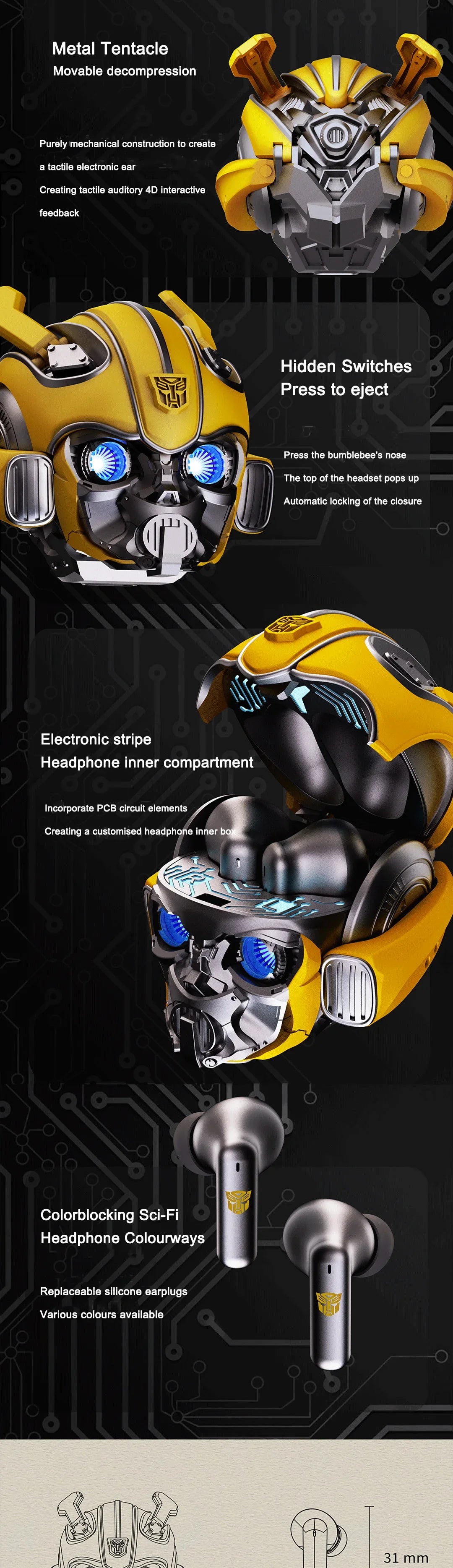 Transformers Auriculares Bumblebee H1 Auriculares con cancelación de ruido Auriculares Bluetooth Auriculares de aleación de alta calidad Juguetes de descompresión-MovilExpressShop