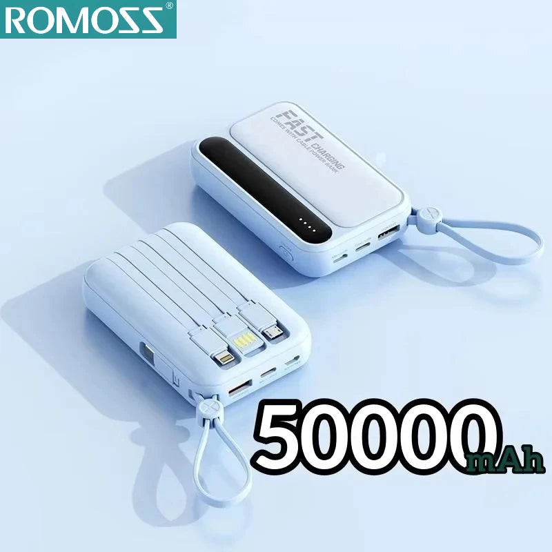 ROMOSS 4 en 1 Power Bank 500000mAh Gran Capacidad Cables Integrados Pantalla Digital Inteligente Ligera Batería Portátil Para iPhone y android