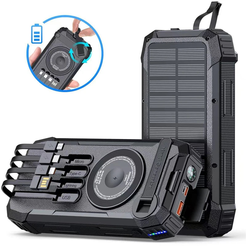 Banco de energía Solar con manivela, 20000mAh, inalámbrico magnético, 22,5 W, carga rápida, con luz para iWatch, iPhone 16, Samsung-MovilExpressShop