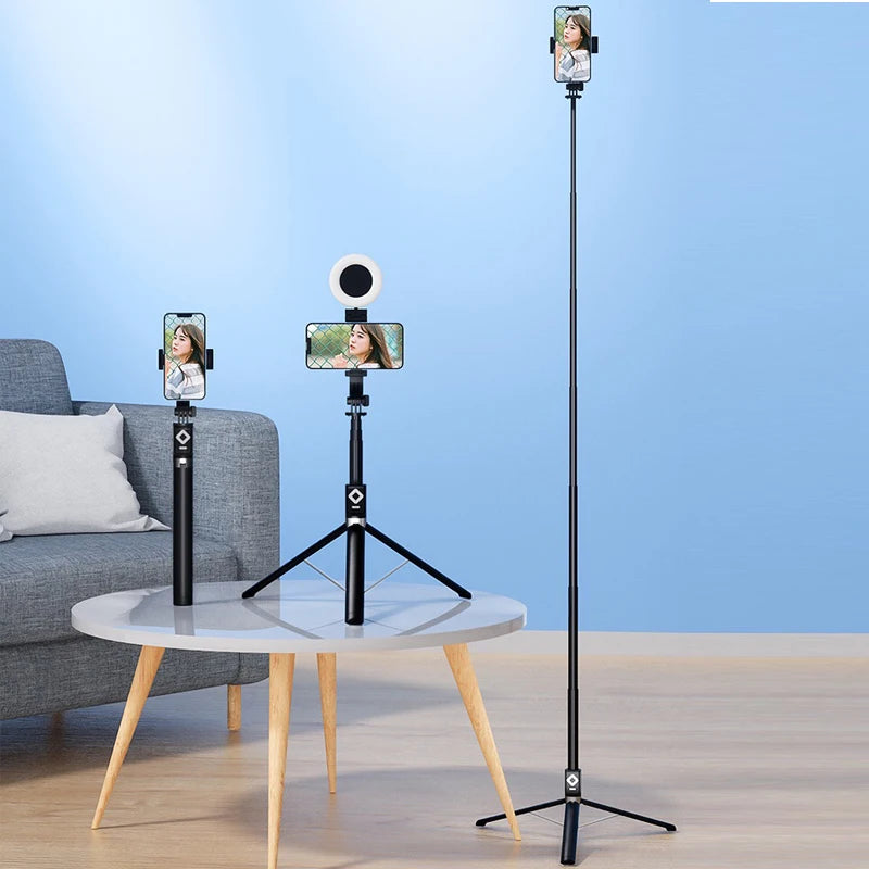Trípode extensible en vivo de 1,7 m, soporte para palo de Selfie, anillo LED, soporte de espejo de doble luz, soporte para teléfono 4 en 1 para iPhone X 8 11 Android-MovilExpressShop