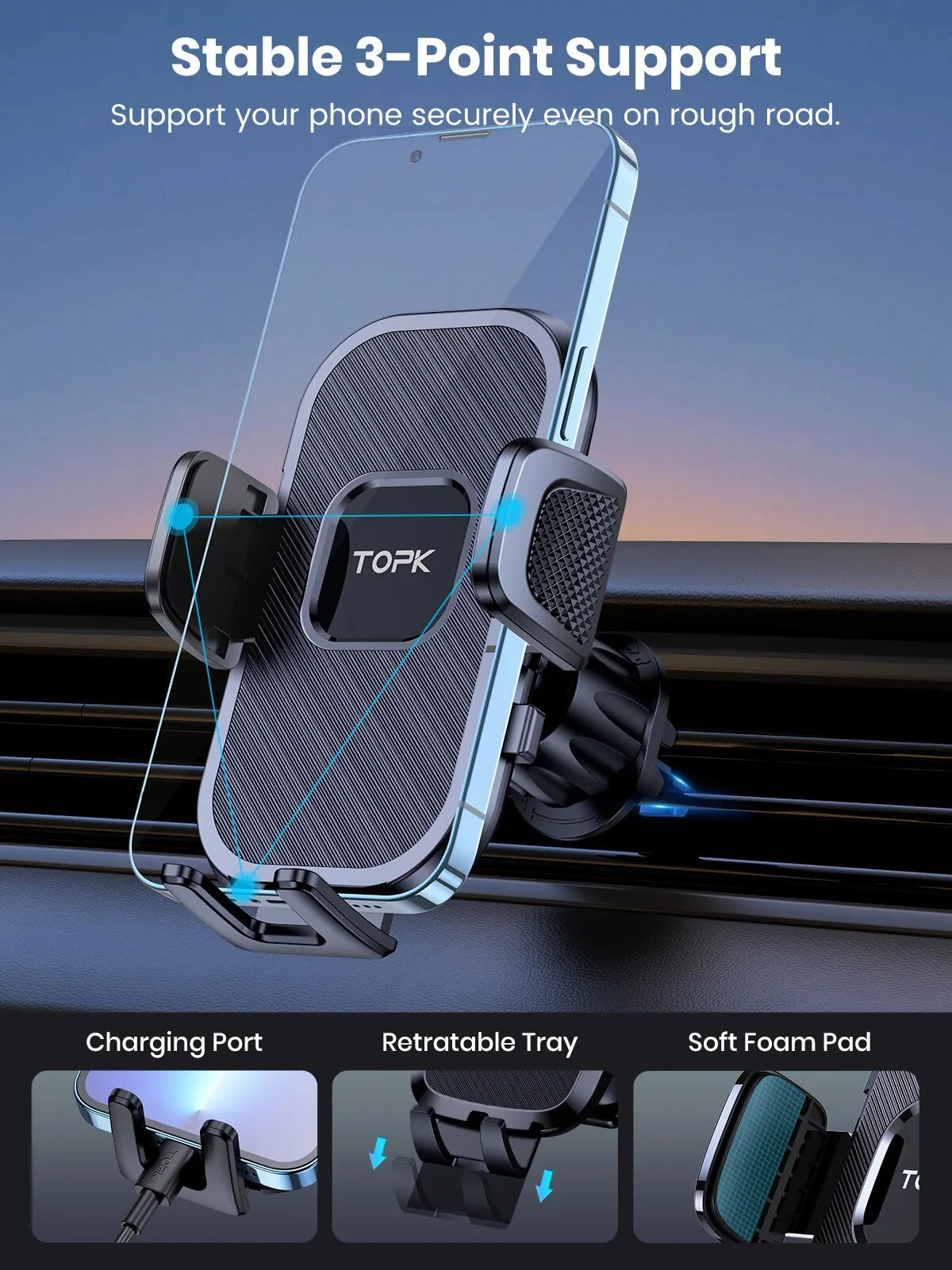 Soporte de teléfono para coche TOPK, soporte de gravedad para iPhone, Xiaomi, Samsung, soporte móvil para salpicadero, parabrisas, ventilación de aire, soporte para teléfono