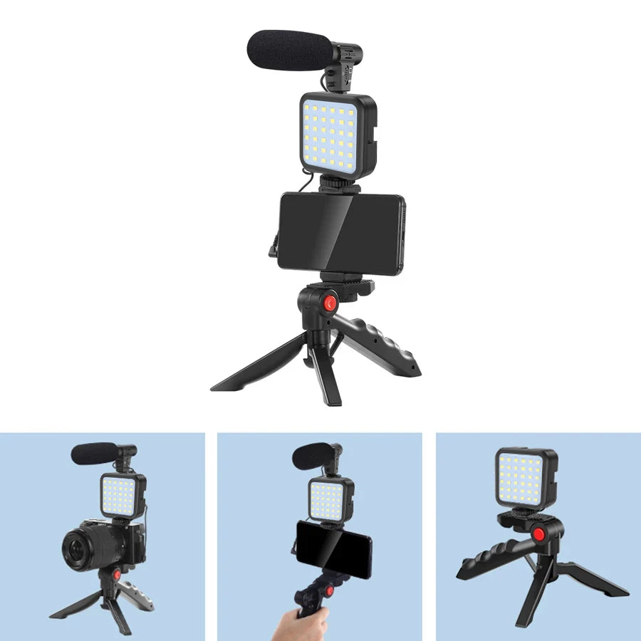 Trípode Blog para cámara DSLR, Kit de blogging para teléfono, entrevista en vivo, YouTube, soporte para teléfono, Control remoto, micrófono, luz LED-MovilExpressShop