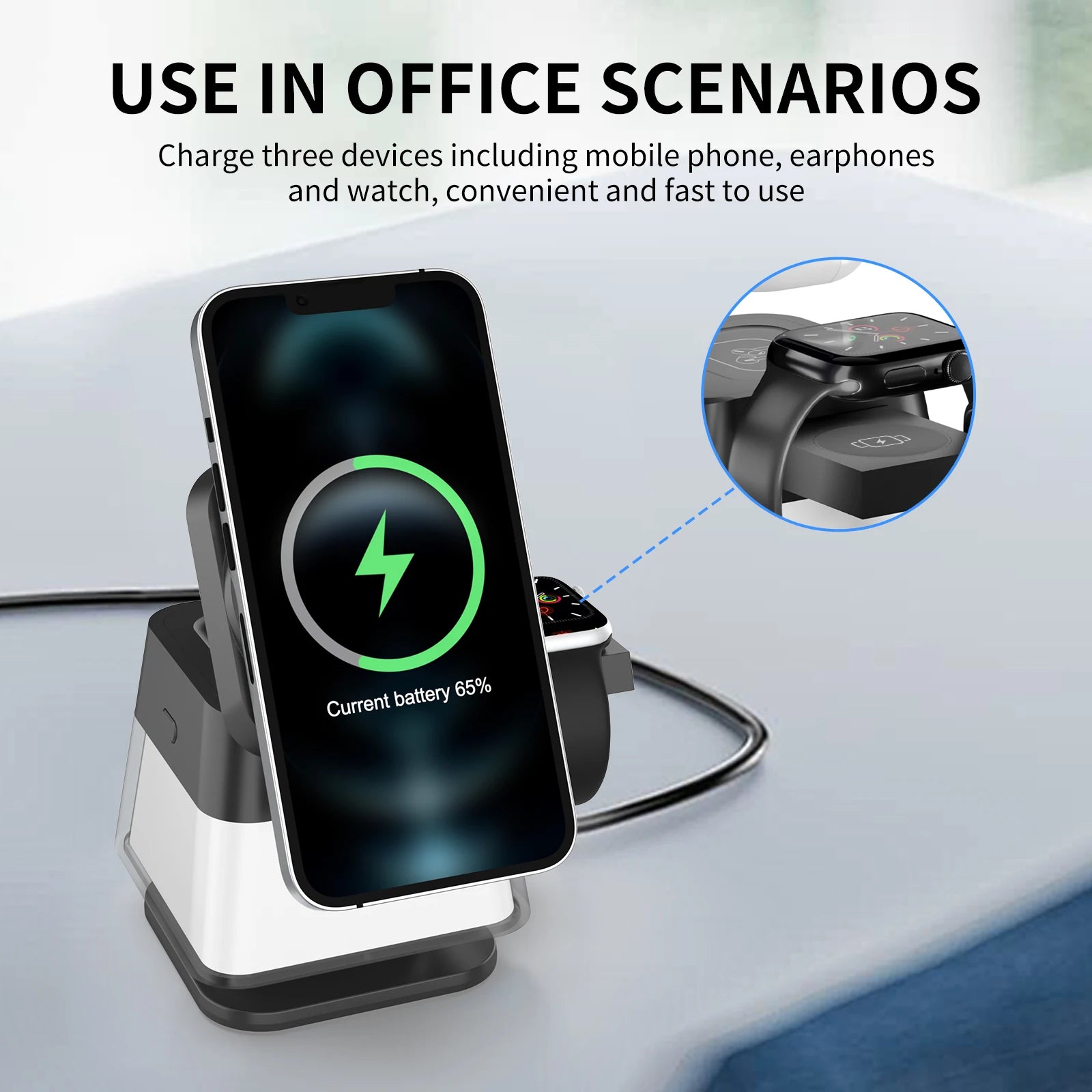 Soporte y estación de carga inalámbrica 3 en 1, adaptador de carga rápida de 15w, cargador de mesa magnético con luces coloridas para iPhone 16 15 14 Pro Max