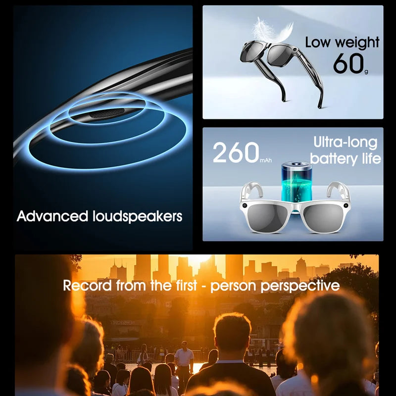 Gafas inteligentes Bluetooth, reconocimiento de objetos, traducción AI, con cámara para tomar fotos, asistente de voz, llamadas y música-MovilExpressShop