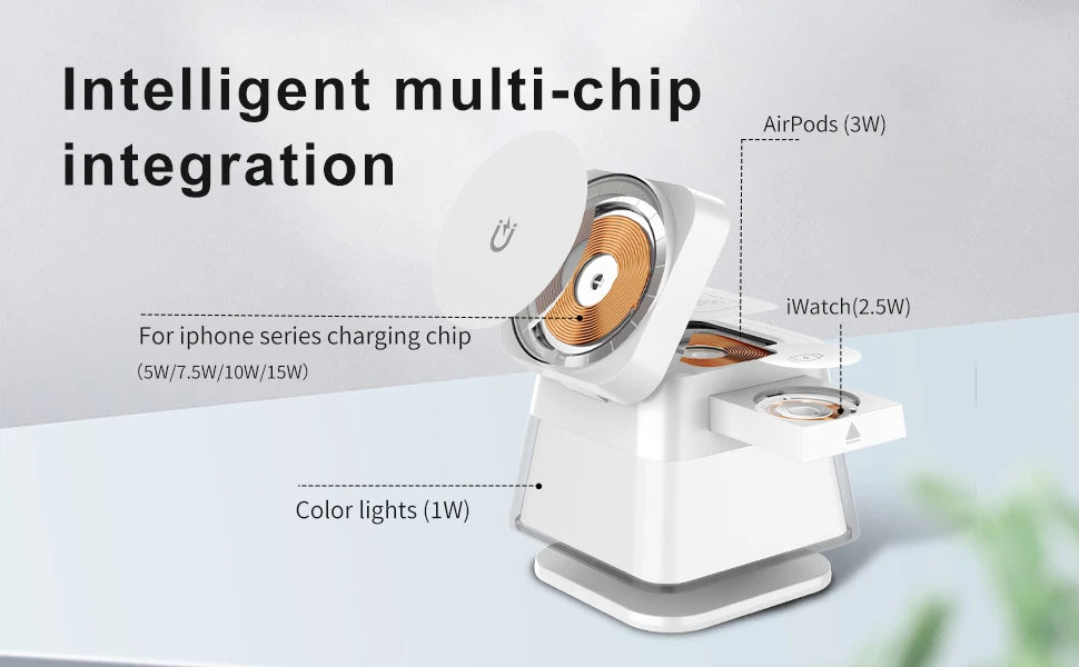 Soporte y estación de carga inalámbrica 3 en 1, adaptador de carga rápida de 15w, cargador de mesa magnético con luces coloridas para iPhone 16 15 14 Pro Max