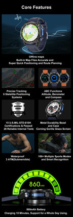 Nuevo reloj inteligente AMOLED con reproductor de vídeo con memoria de 4GB con GPS, mapas sin conexión, reloj inteligente deportivo militar para hombres, pulsera impermeable para nadar de 30m
