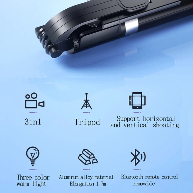Trípode extensible en vivo de 1,7 m, soporte para palo de Selfie, anillo LED, soporte de espejo de doble luz, soporte para teléfono 4 en 1 para iPhone X 8 11 Android-MovilExpressShop