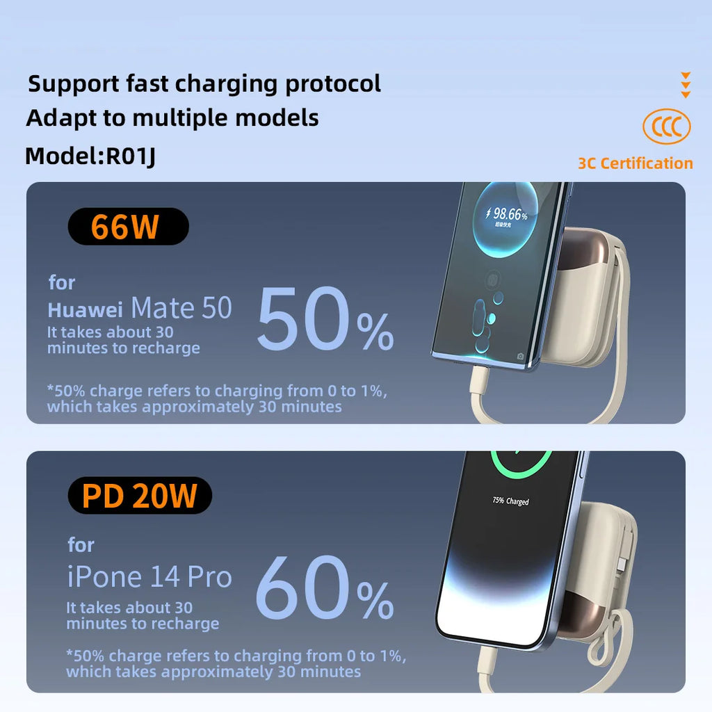 Kiki Shoot 10000mAh Mini Power Bank 66W carga rápida Powerbank batería certificada CCC con Cable para iPhone Xiaomi Huawei Samsung