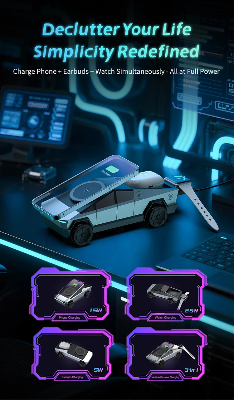 Base de escritorio CyberDock 3 en 1 con carga inalámbrica para iPhone 16, 15, 14 Pro Max, AirPods y Apple Watch, con luz ambiental.
