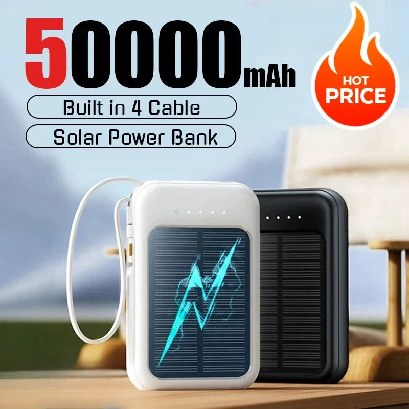 Banco de energía Solar de 50000mAh, Mini banco de energía de gran capacidad con 4 Cables integrados, cargador portátil para teléfonos, batería externa para Xiaomi-MovilExpressShop