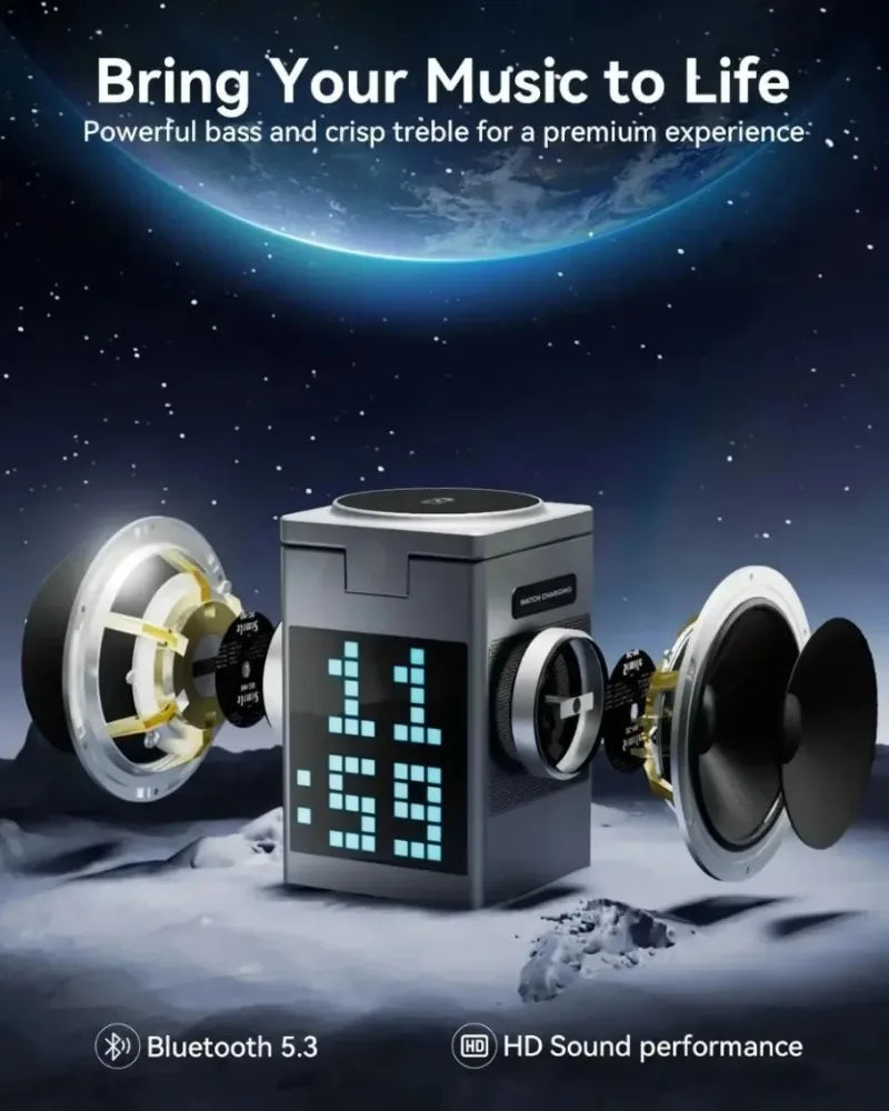 Soporte y cargador inalámbrico magnético plegable 6 en 1, altavoz Bluetooth, despertador y píxeles de dibujos animados para iPhone 17 ~ 12 iWatch Airpods Pro