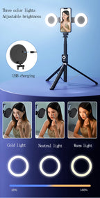 Trípode extensible en vivo de 1,7 m, soporte para palo de Selfie, anillo LED, soporte de espejo de doble luz, soporte para teléfono 4 en 1 para iPhone X 8 11 Android-MovilExpressShop