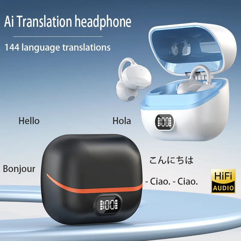 Auriculares con traducción AI en tiempo Real, auriculares con traductor de 144 idiomas, Bluetooth inalámbrico de oreja abierta 40H, auriculares con traducción