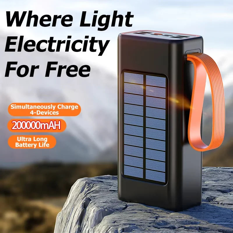 Xiaomi-Banco de energía Solar de 200000mAh, Cables integrados de gran capacidad, batería externa, luz LED, Banco de energía para iPhone, Huawei y Xiaomi-MovilExpressShop
